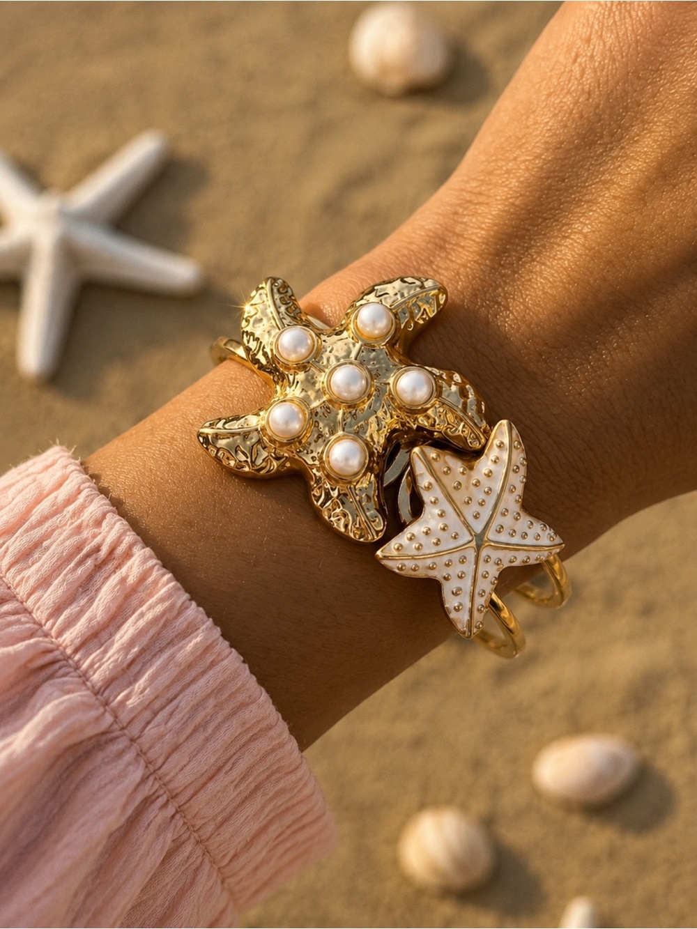 Gold Starfish Pearl Cuff Bracelet Coastal Beach Jewelry Summer Boho
